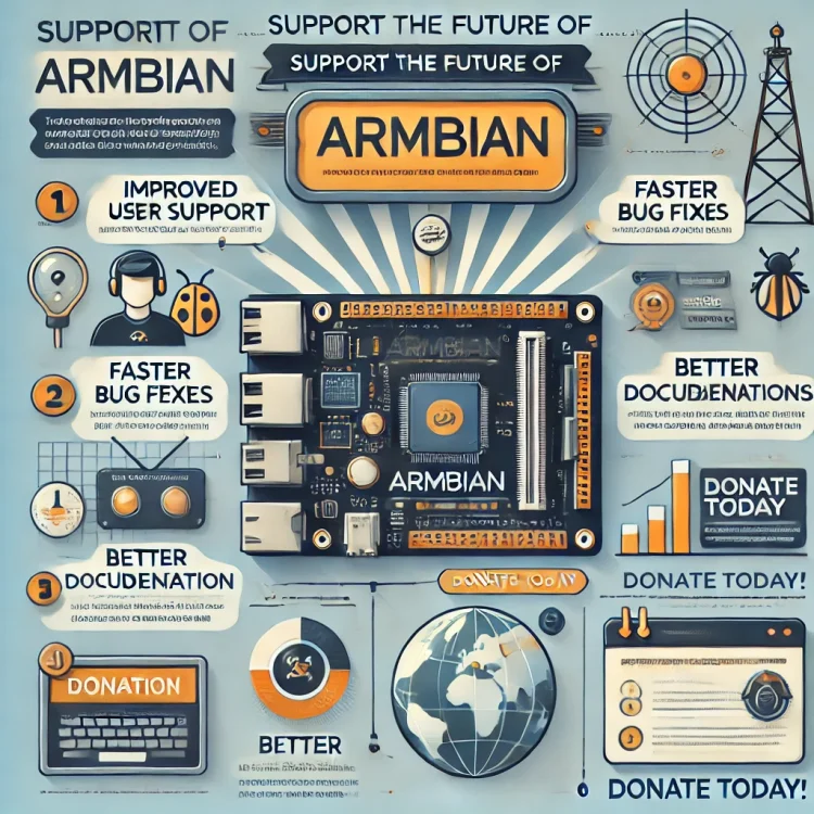 DALLˇE 2025-01-09 13.14.27 - Design an infographic promoting a crowdfunding campaign for Armbian. The layout should be clean, modern, and tech-oriented, featuring the following se.webp